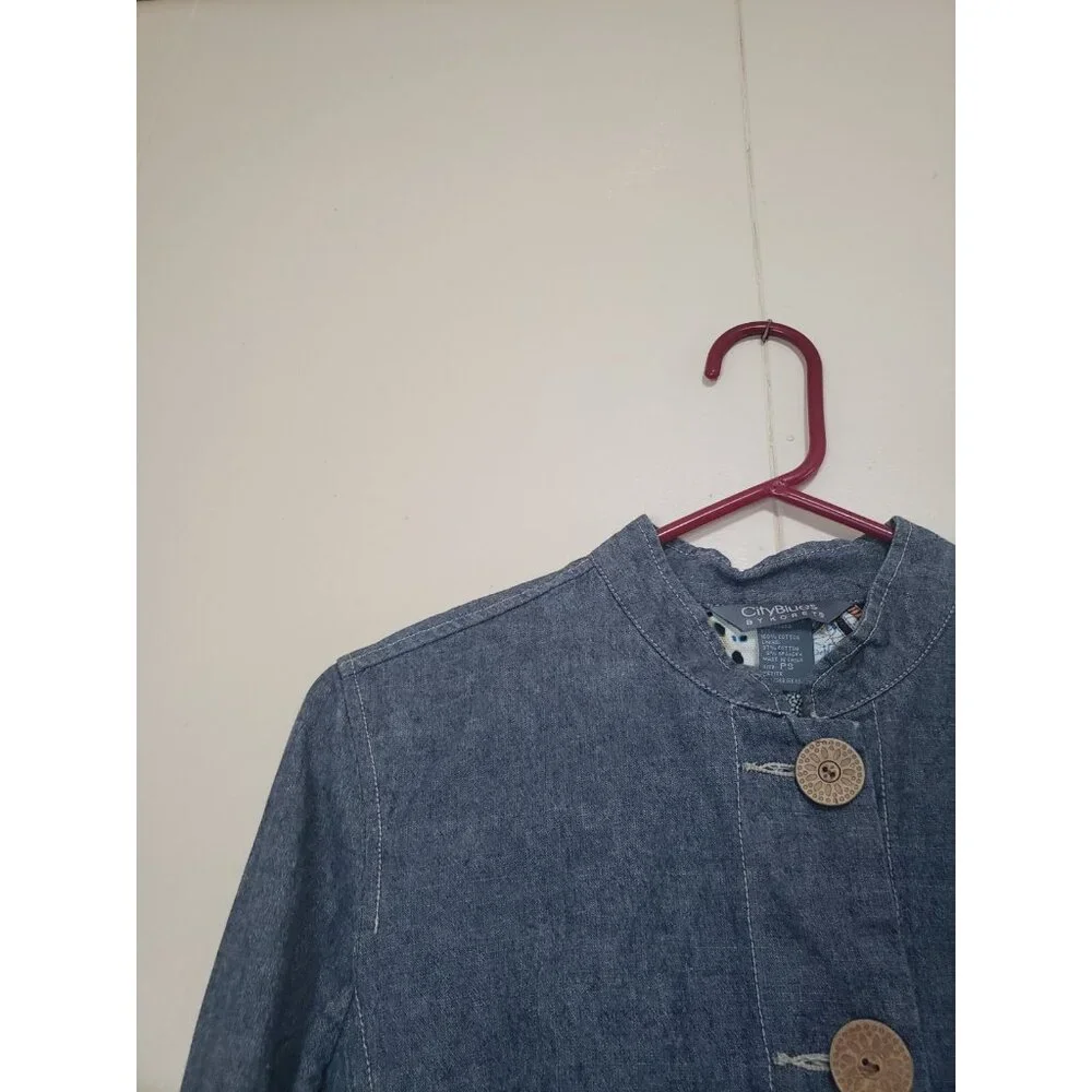 Koret City Blues Womens Petite PS Denim Jacket Chambray Wood Button Band Collar - Picture 4 of 5